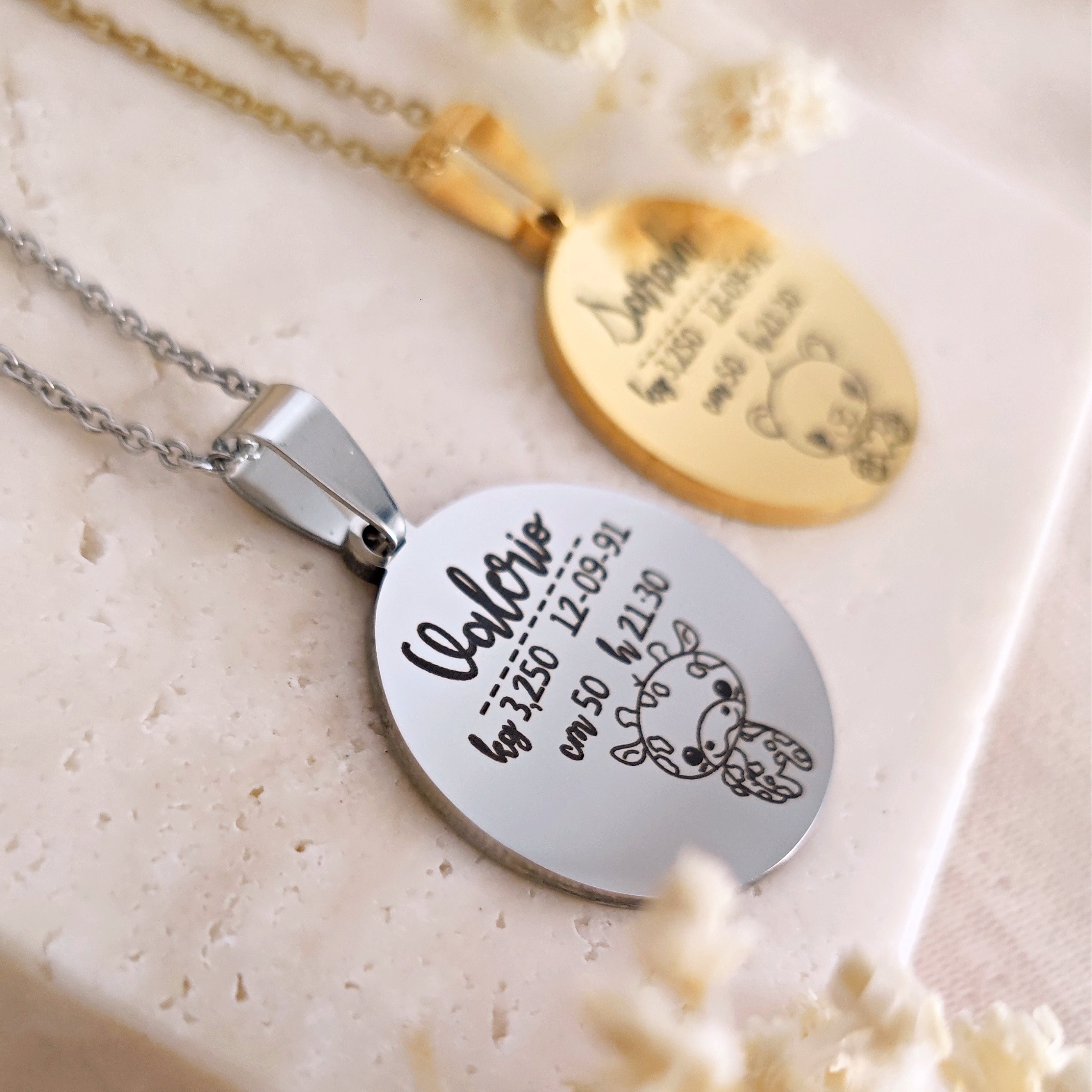 Amazon.com: Personalized Baby Children Teen Name Bar ID Necklace -  Customizable Gift, 16k Silver/Rose Gold Plated, Child Safety Birth  Information - Great for Baptism, Newborns, and First Birthdays : Handmade  Products